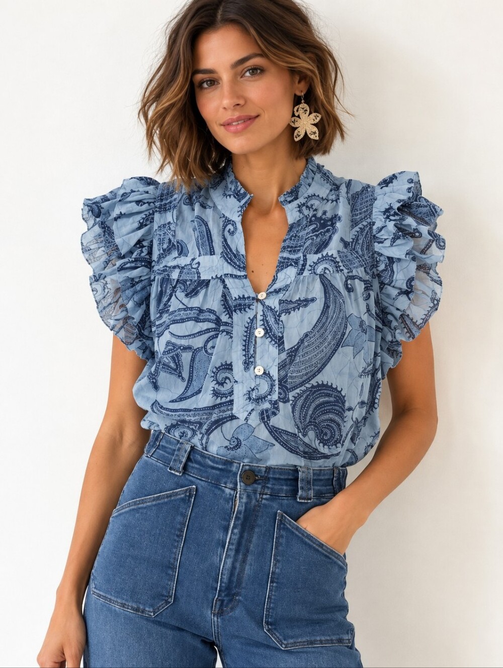 ❤️ LOVE THE LABEL SARA TOP -  SASHA BLUE PRINT, MEDIUM
